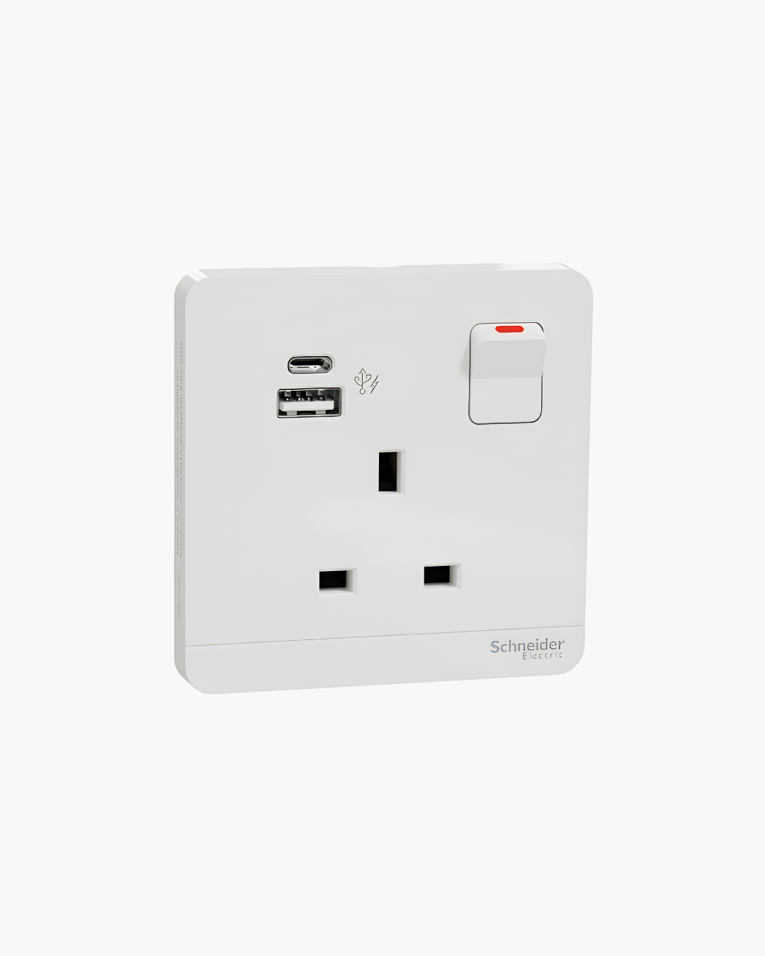 Avatar On 13 Amp Switched Socket With USB A+C – Schneider Electric Avatar On socket, catalogue number E8315DACUSB, White finish – 13 A rated, USB-A and USB-C charging. Suitable for homes, offices and commercial buildings.