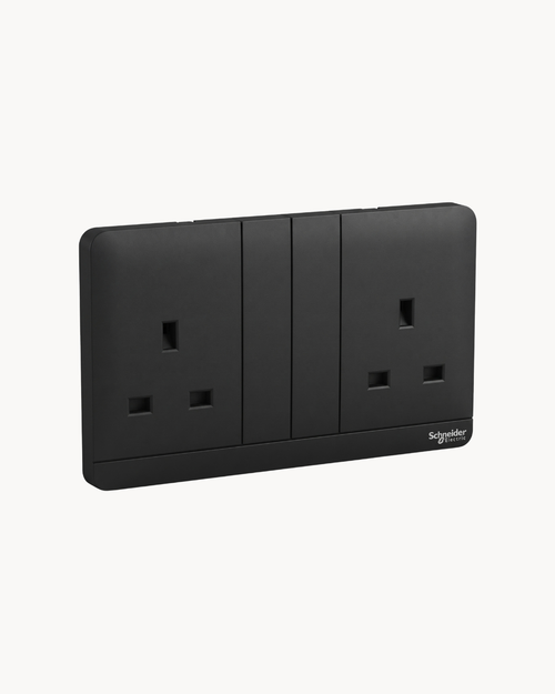 Avatar On 13 Amp Duplex Switched Socket – Schneider Electric Avatar On socket, catalogue number E83T25, Dark Grey finish – 13 A rated, duplex (double outlet). Genuine Schneider Electric product supplied by HYDZ Traders, Pakistan.