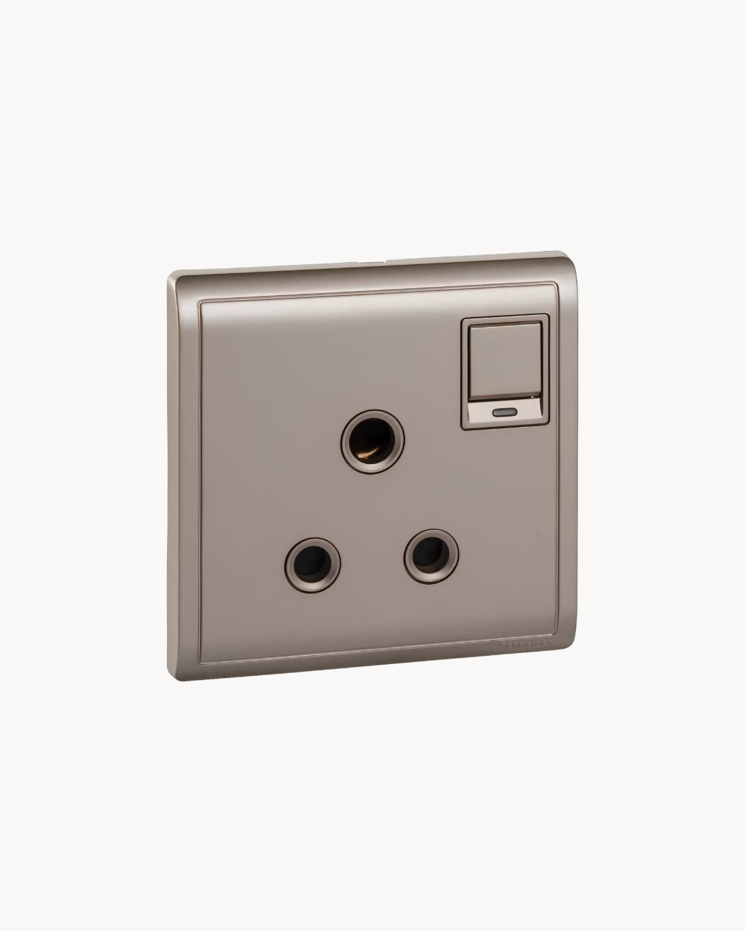 Pieno 15 Amp Switched Socket With Neon – Schneider Electric Pieno socket, catalogue number E8215-15N, Wine Gold finish – 15 A rated, neon indicator. Genuine Schneider Electric product supplied by HYDZ Traders, Pakistan.