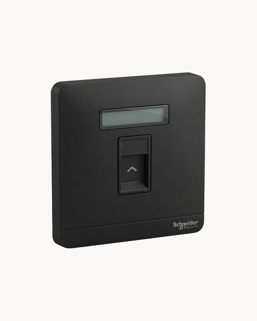 Avatar On 1 Gang Shuttered Plate – Schneider Electric Avatar On shuttered data/telecom plate, catalogue number E8331RJS, Dark Grey finish – 1-gang, shuttered ports. Genuine Schneider Electric product supplied by HYDZ Traders, Pakistan.