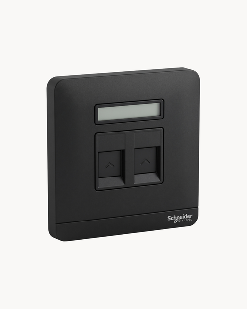Avatar On 2 Gang Shuttered Telephone Outlet – Schneider Electric Avatar On telephone outlet, catalogue number E8332RJS4, Dark Grey finish – 2-gang, shuttered ports. Genuine Schneider Electric product supplied by HYDZ Traders, Pakistan.