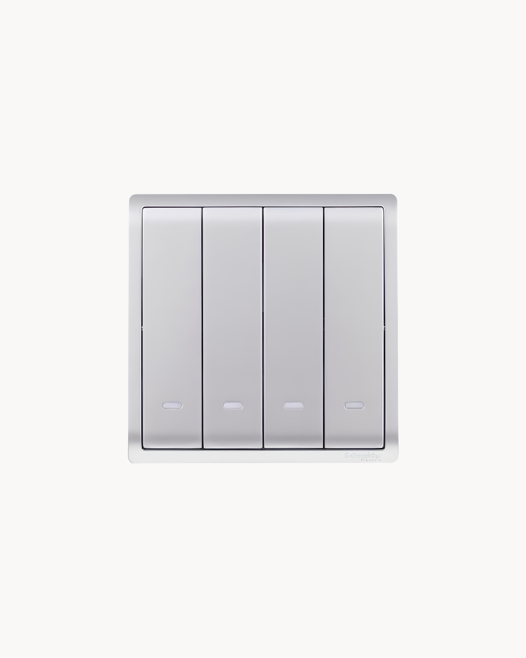 Pieno 4 Gang 1 Way Switch – Schneider Electric Pieno switch, catalogue number E8234L1F, Aluminium Silver finish. 1-year warranty. Authorised Schneider Electric channel partner HYDZ Traders.