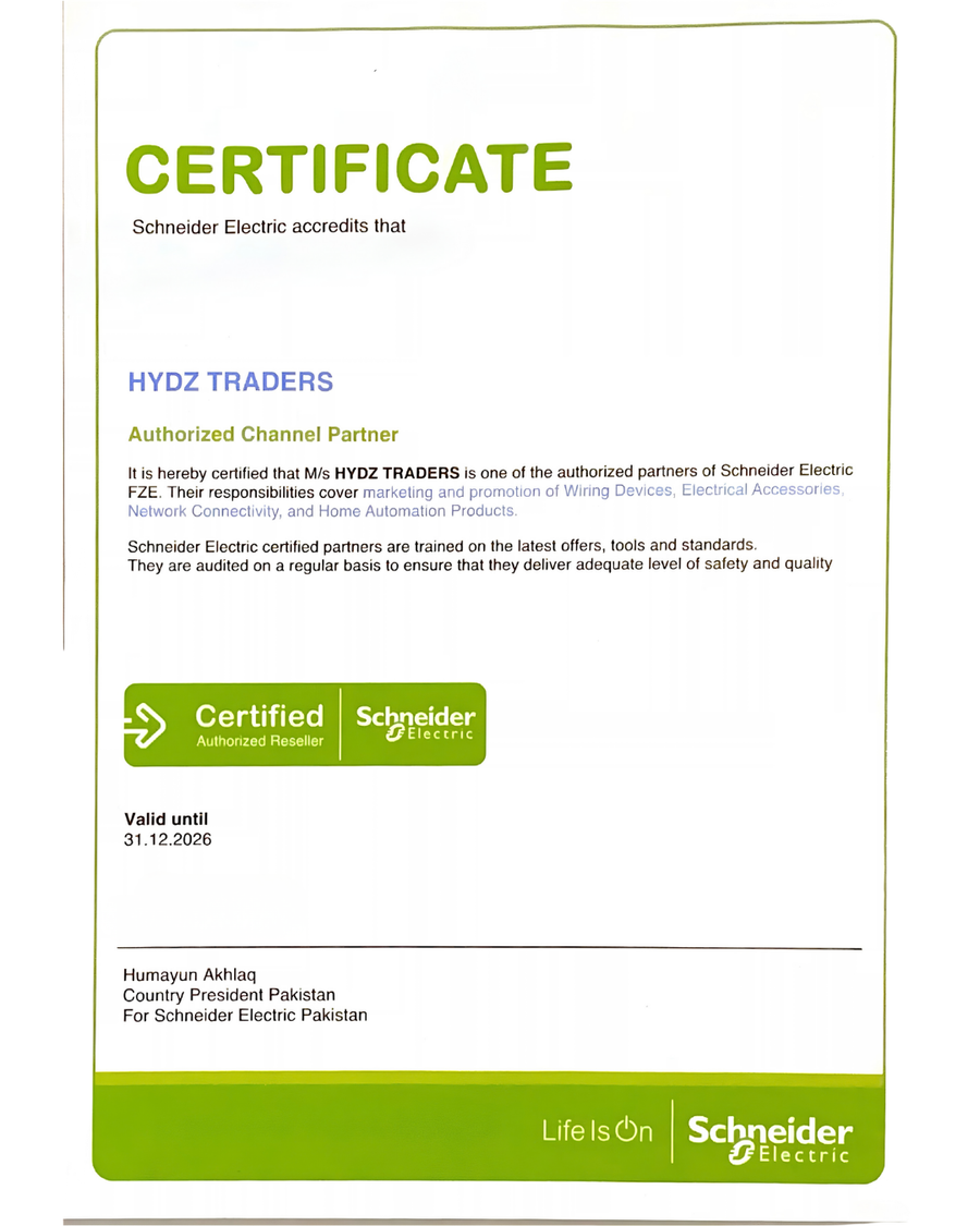 Schneider Electric Authorized Channel Partner certificate for HYDZ Traders
