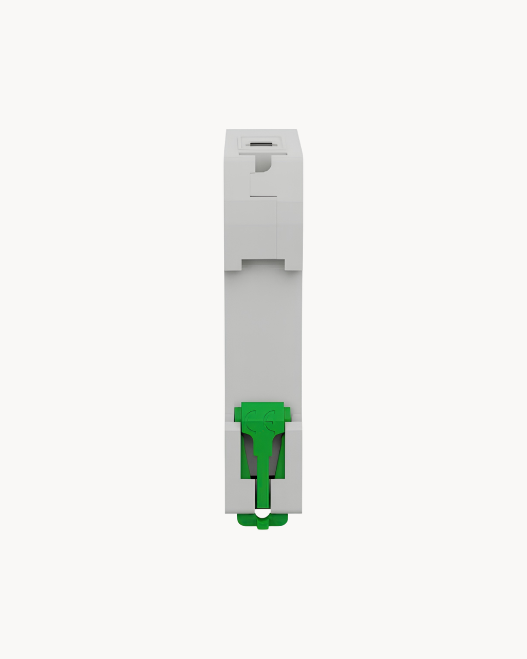 Rear view of the Schneider Electric Easy9 single pole circuit breaker showing the green DIN rail mounting clip. EZ9F46106 to EZ9F46132, 6 to 32 A.