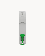 Rear view of the Schneider Electric Easy9 single pole circuit breaker showing the green DIN rail mounting clip. EZ9F46106 to EZ9F46132, 6 to 32 A.