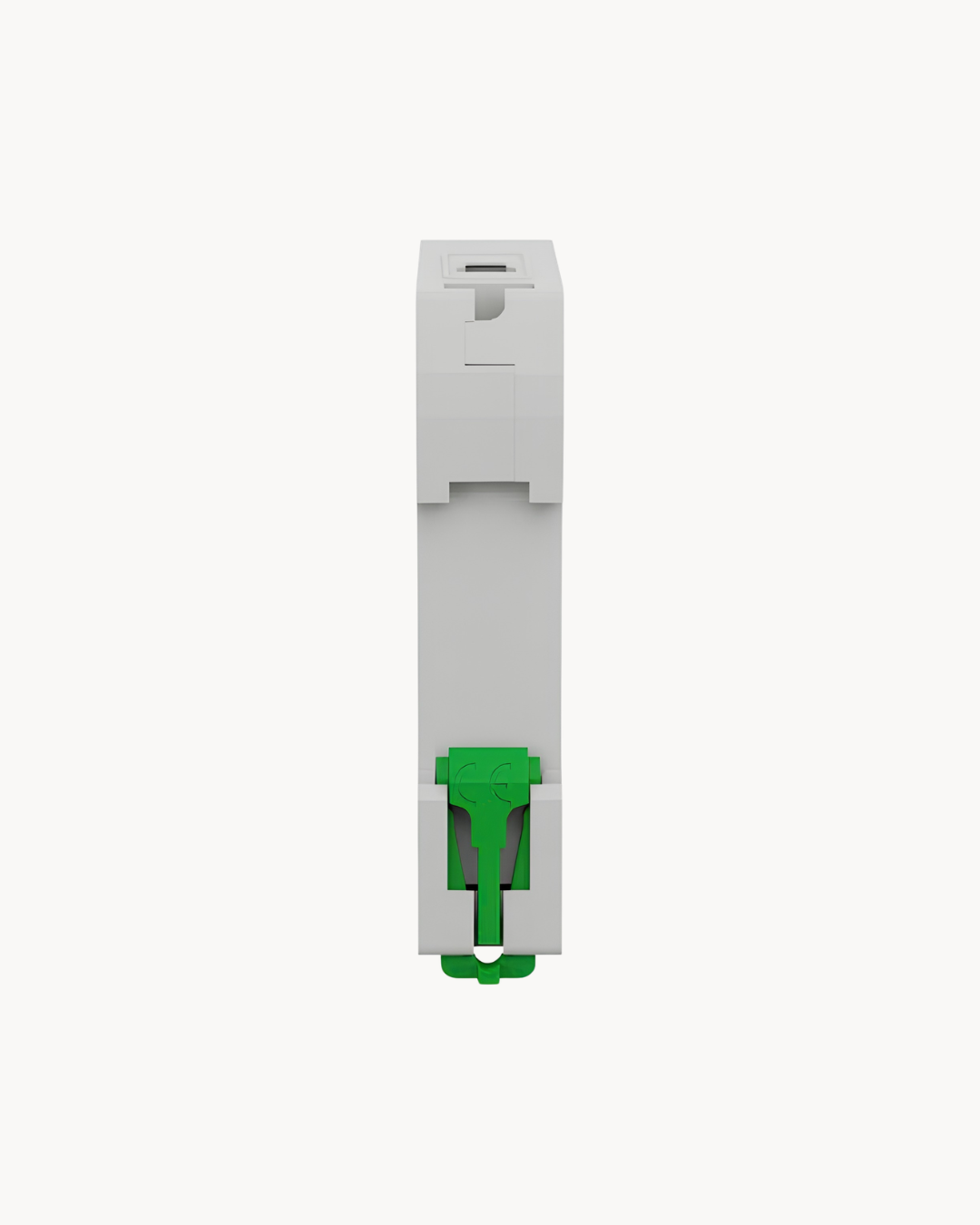 Rear view of the Schneider Electric Easy9 single pole circuit breaker showing the green DIN rail mounting clip. EZ9F46106 to EZ9F46132, 6 to 32 A.
