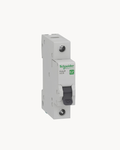 Schneider Electric Easy9 single pole circuit breaker (MCB), front view with grey body, dark toggle and terminal screws. Catalogue numbers EZ9F46106, EZ9F46110, EZ9F46116, EZ9F46120 and EZ9F46132, 6 to 32 A.