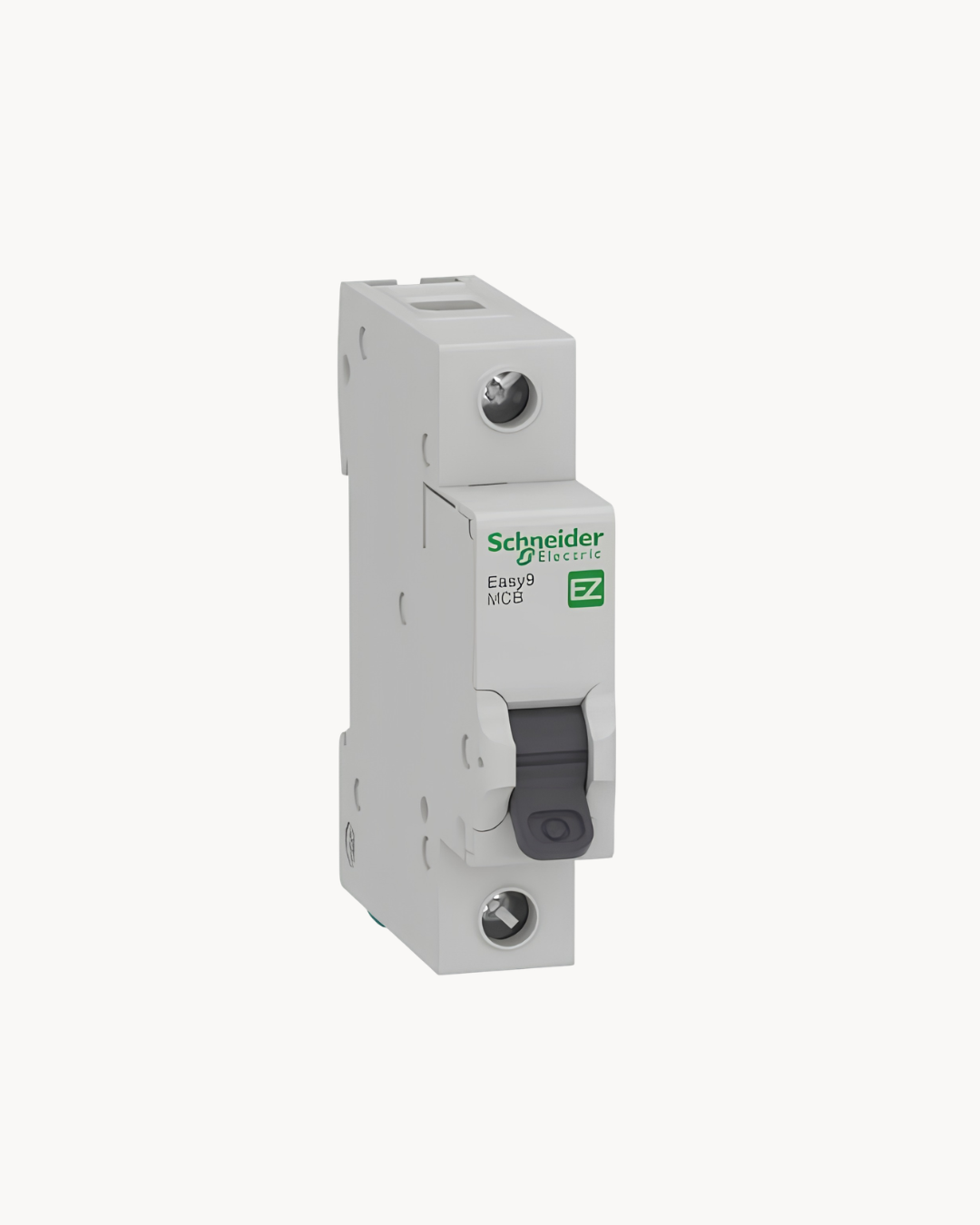 Schneider Electric Easy9 single pole circuit breaker (MCB), front view with grey body, dark toggle and terminal screws. Catalogue numbers EZ9F46106, EZ9F46110, EZ9F46116, EZ9F46120 and EZ9F46132, 6 to 32 A.