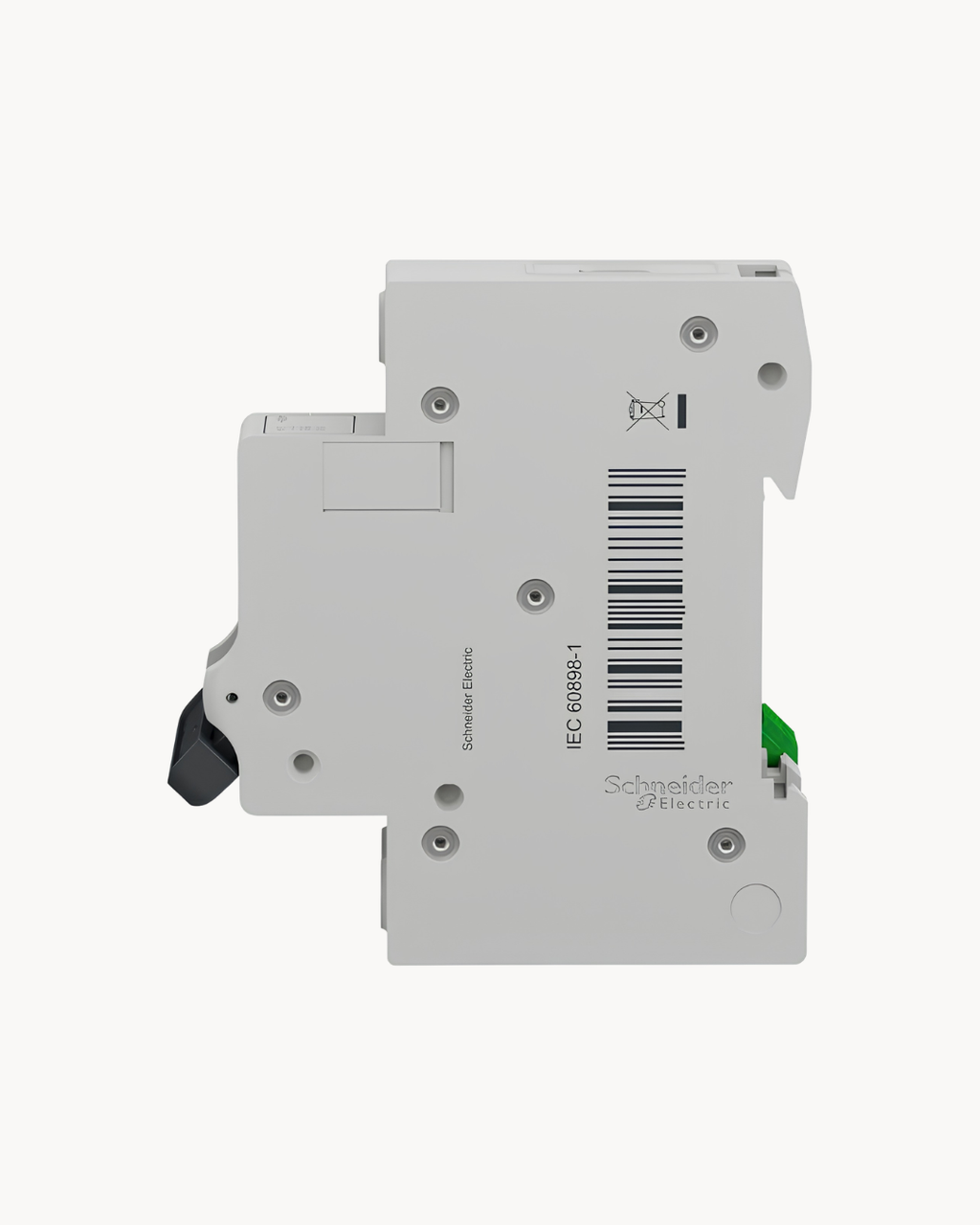 Side view of the Schneider Electric Easy9 single pole circuit breaker showing the IEC 60898-1 marking and the green DIN rail clip. EZ9F46106 to EZ9F46132, 6 to 32 A.