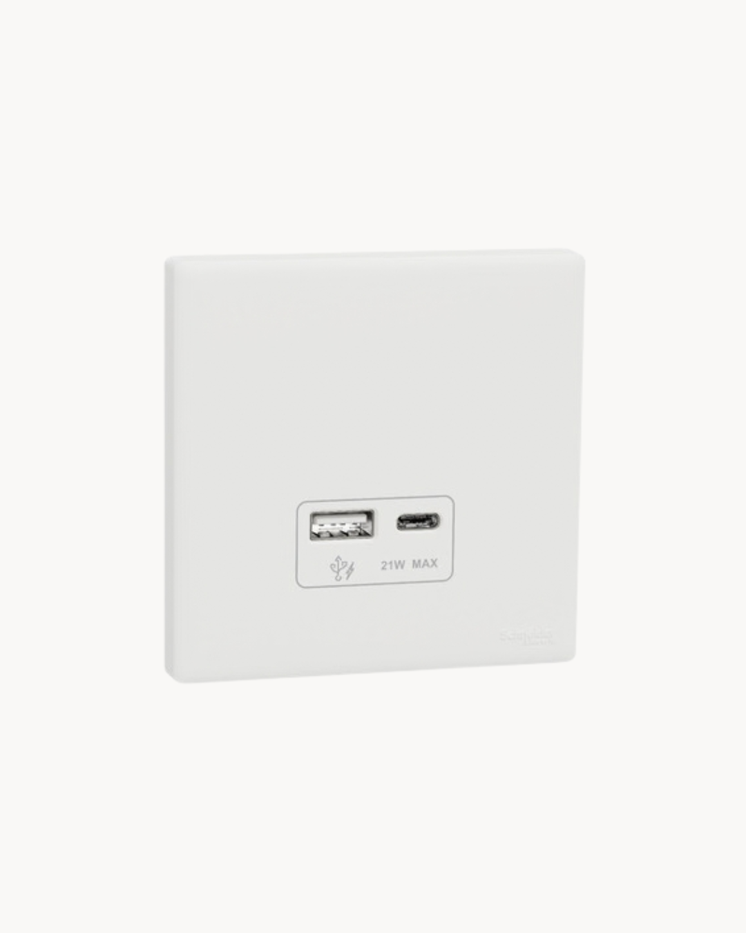 Vivace E 21W USB Charger, Type A and C – Schneider Electric Vivace E USB charger, catalogue number KBNACQUSB_WE_G11, White – USB-A and USB-C charging. Suitable for homes, offices and commercial buildings.