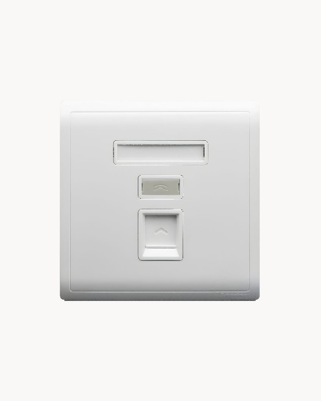 Pieno 1 Gang Shuttered Plate and Pieno 1 Gang Shuttered Telephone Outlet – Schneider Electric Pieno, catalogue numbers E8231RJS and E8231RJS4, White finish. Supplied by HYDZ Traders, authorised Schneider Electric channel partner in Pakistan.
