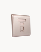 Pieno 1 Gang Shuttered Plate and Pieno 1 Gang Shuttered Telephone Outlet – Schneider Electric Pieno, catalogue numbers E8231RJS and E8231RJS4, Wine Gold finish. Supplied by HYDZ Traders, authorised Schneider Electric channel partner in Pakistan.