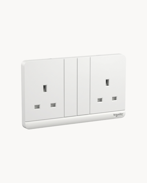 Avatar On 13 Amp Duplex Switched Socket – Schneider Electric Avatar On socket, catalogue number E83T25, White finish – 13 A rated, duplex (double outlet). Suitable for homes, offices and commercial buildings.