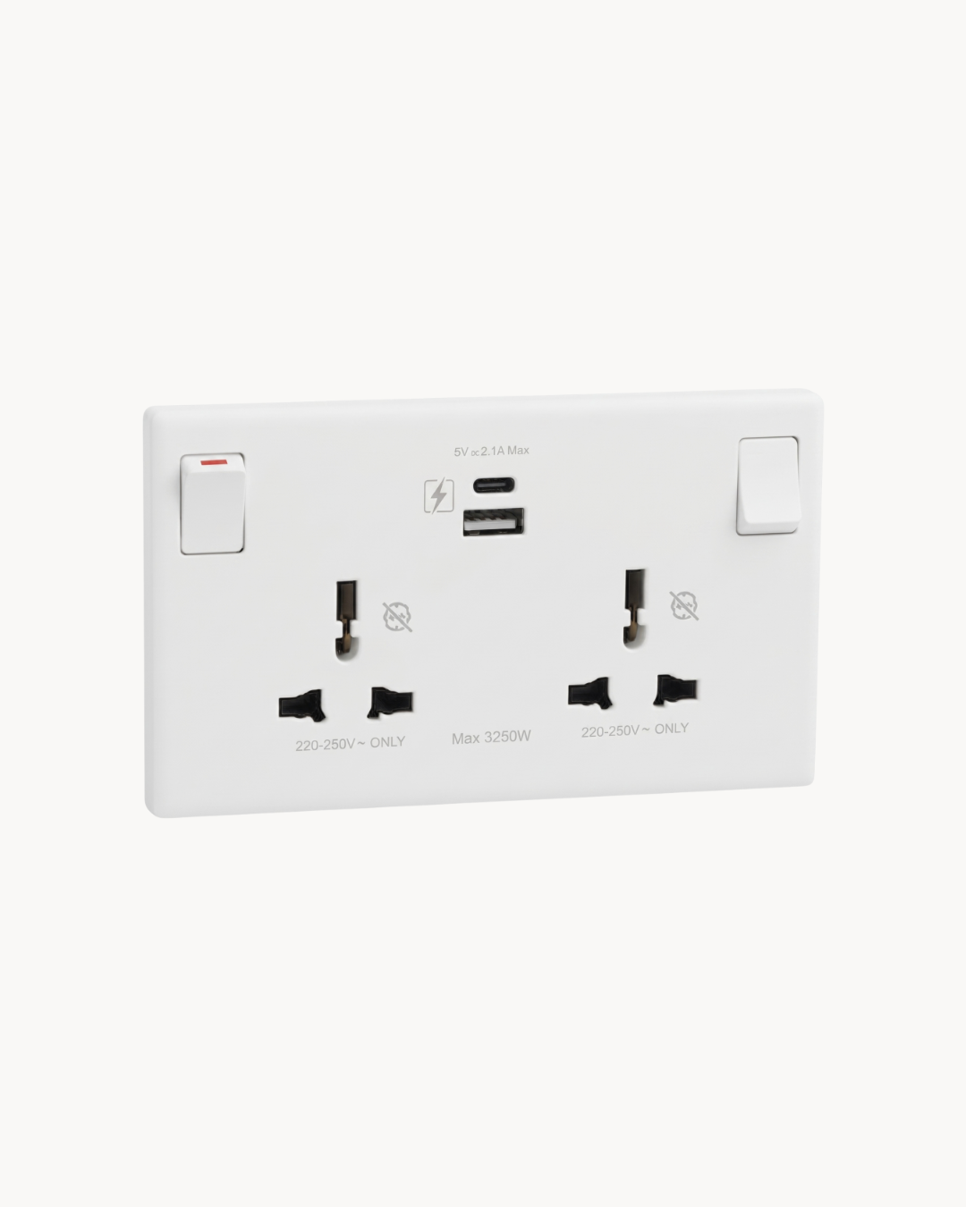 Vivace E 13 Amp Duplex International Switched Socket With USB A+C – Schneider Electric Vivace E socket, catalogue number KBNT25USB_IS_G11, White – 13 A rated, USB-A and USB-C charging, duplex (double outlet). Suitable for homes, offices and commercial buildings.
