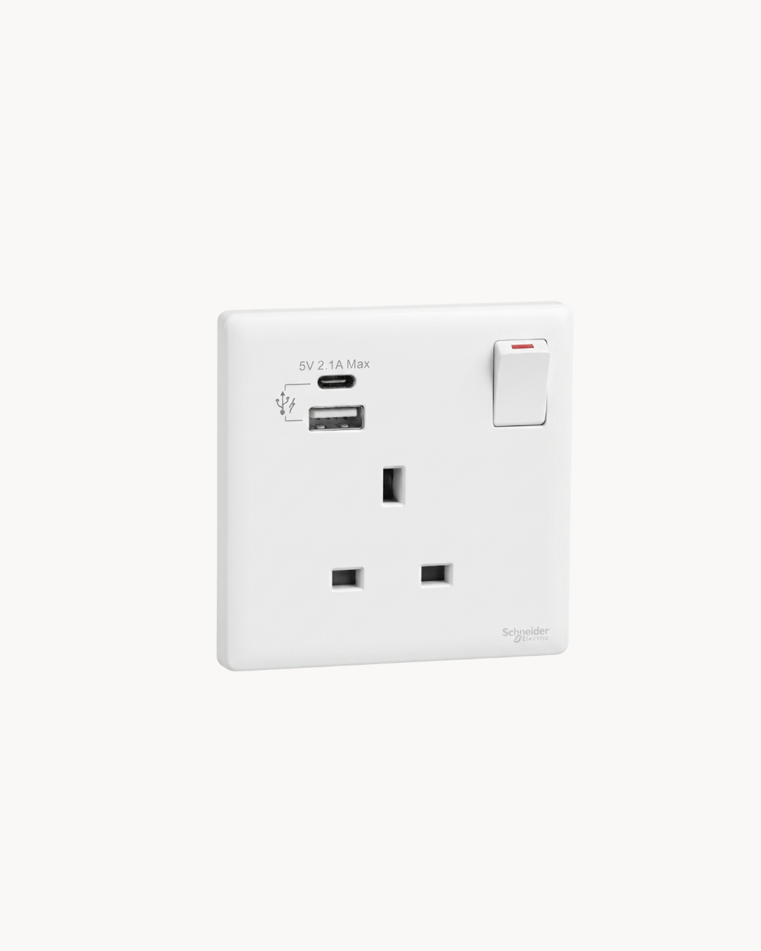 Vivace E 13 Amp Switched Socket With USB A+C – Schneider Electric Vivace E socket, catalogue number KBN15USB_WE_G11, White – 13 A rated, USB-A and USB-C charging. Suitable for homes, offices and commercial buildings.