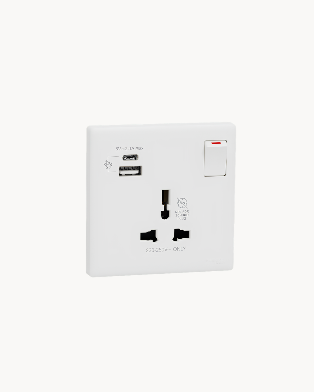 Vivace E 13 Amp International Switched Socket With USB A+C – Schneider Electric Vivace E socket, catalogue number KBNT15USB_IS_WE, White – 13 A rated, USB-A and USB-C charging, multi-plug compatible. Suitable for homes, offices and commercial buildings.